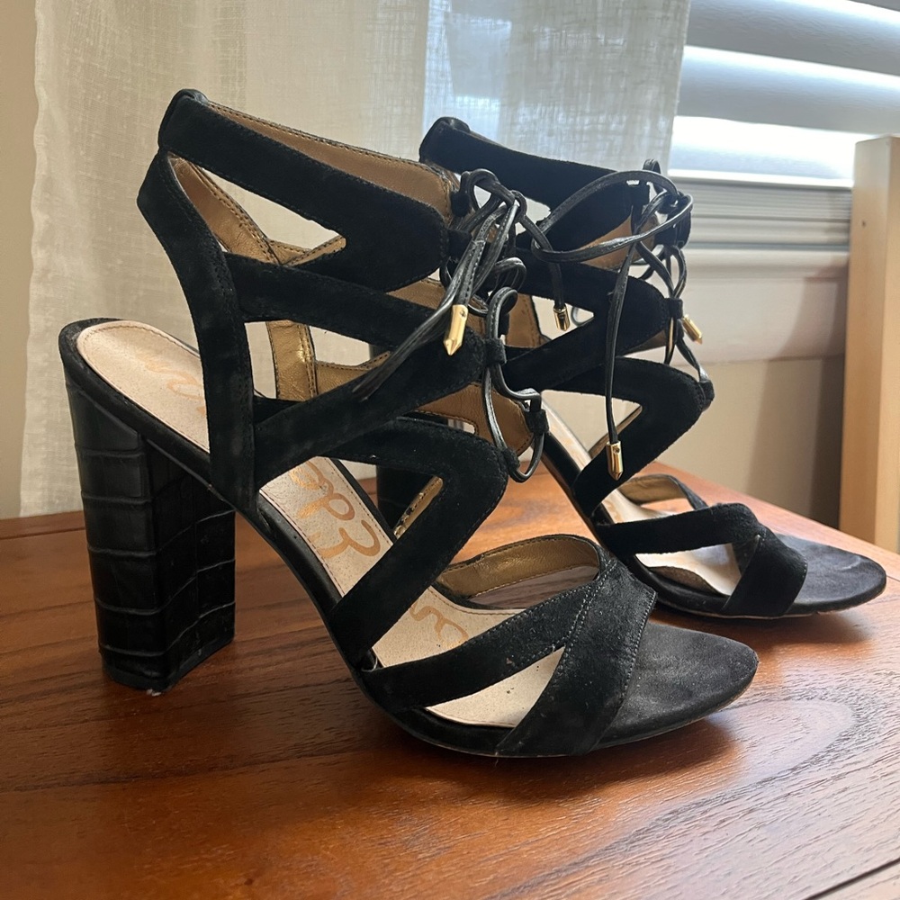 Sam Edelman Black Suede Lace-Up Strappy Block Heels